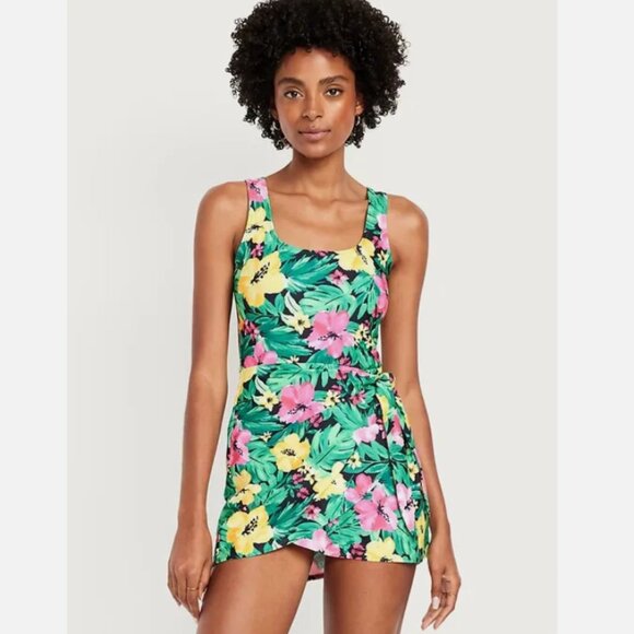 NWT Old Navy Women Wrap-Front Swimsuit Swim Dress Sarong Tropical Floral M - Picture 1 of 6